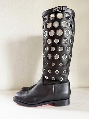 Christian Louboutin Apollobotta Grommet Black Leather Knee High Boots EU 40.5